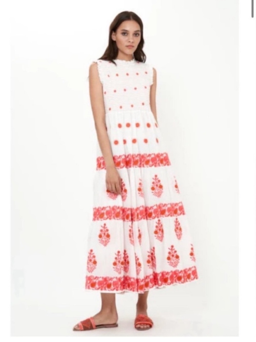 Oliphant Calistoga Coral Pink White Polka Dot Smocked Embroidered Maxi Dress XXS